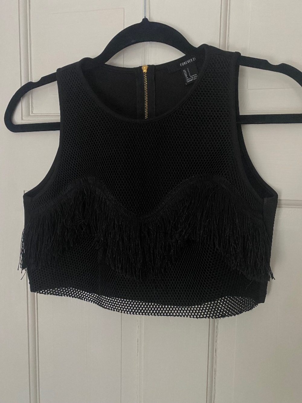 Black small fringe scuba like material top crop